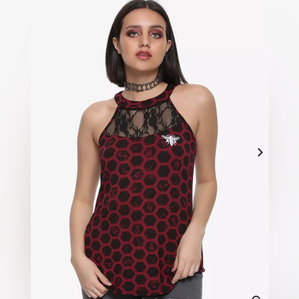 American Horror Story Red and Black Sleeveless Top with Honeycomb Pattern